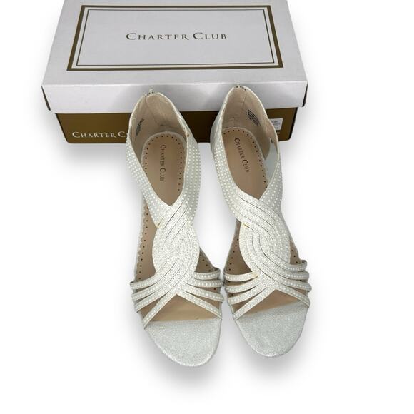 NEW Charter Club White Metallic Wedge Sandals white Size 11 Cocktail Work FLAW - Picture 1 of 8